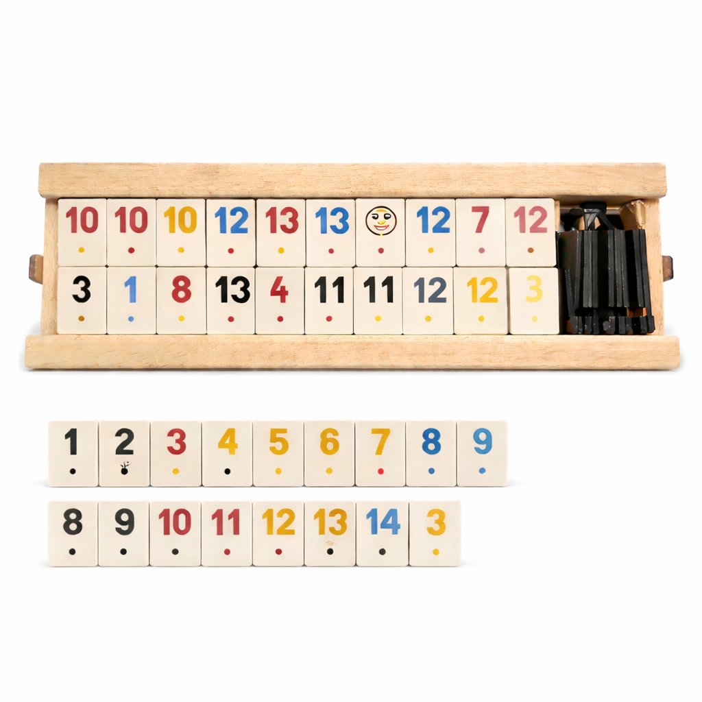 Set Rummy din lemn, 106 piese, suport pliabil din lemn natur, joc de societate clasic pentru familie și prieteni
