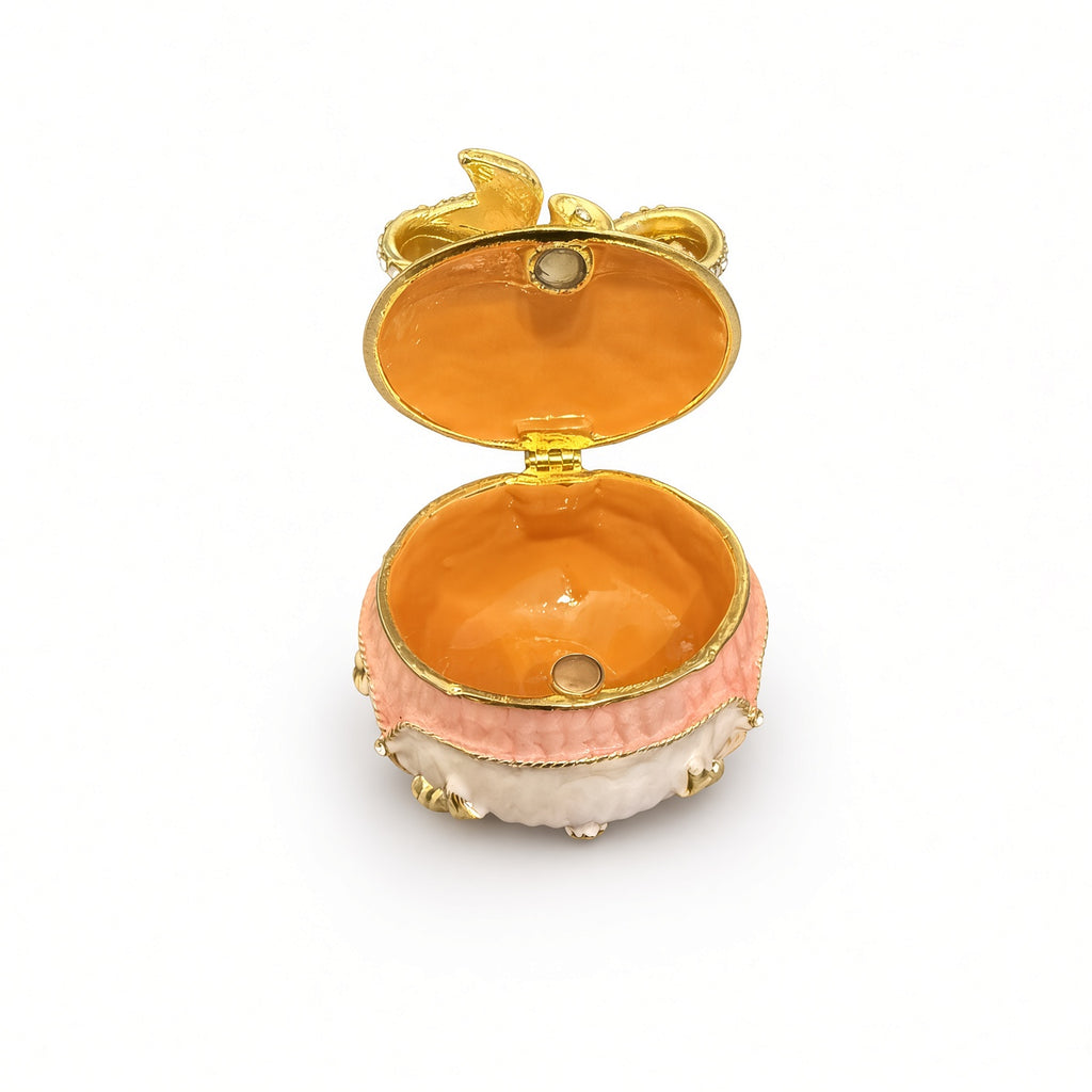 Cutie Bijuterii Rotundă 5x5 cm Crem-Piersică cu Fundă Aurie și Piciorușe