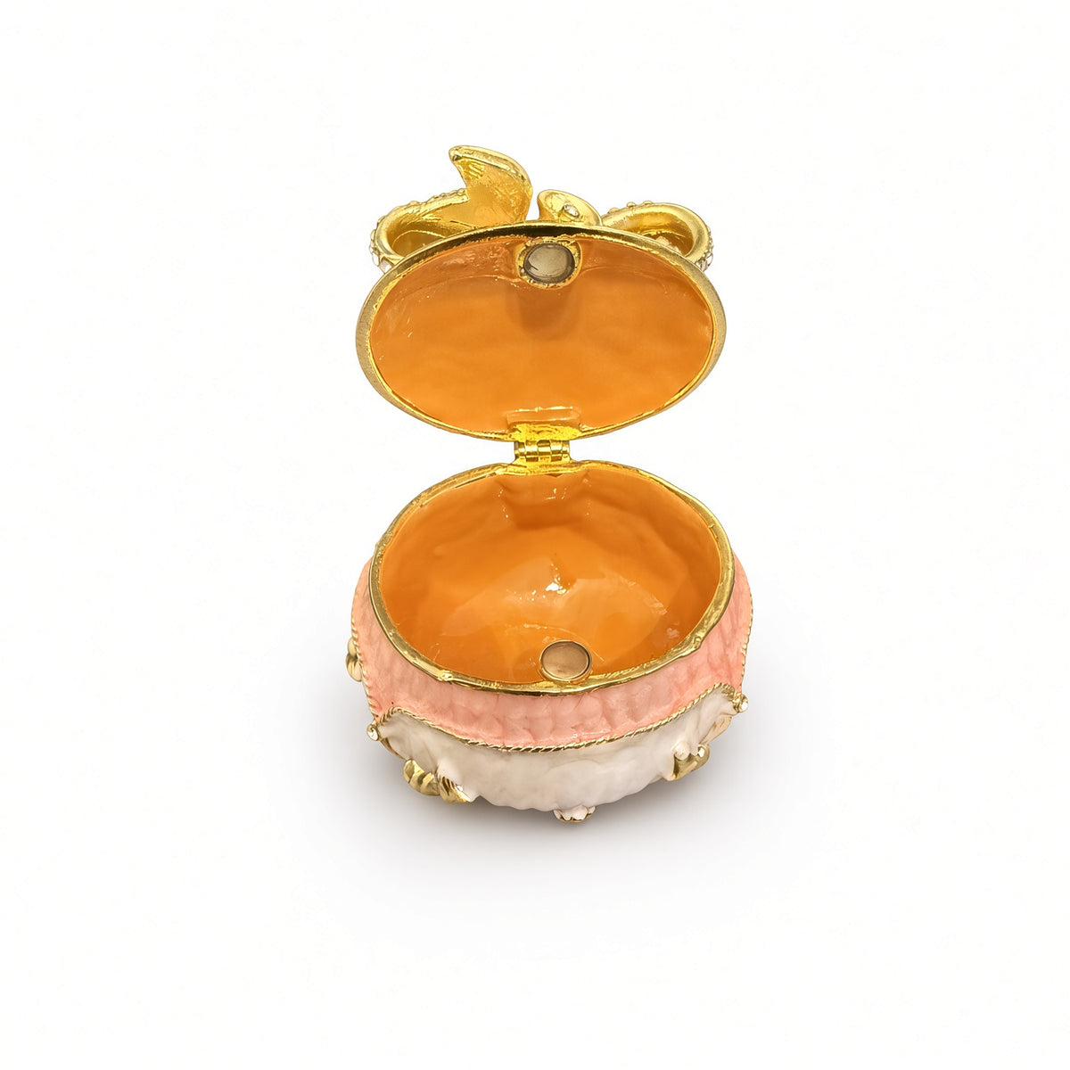Cutie Bijuterii Rotundă 5x5 cm Crem-Piersică cu Fundă Aurie și Piciorușe