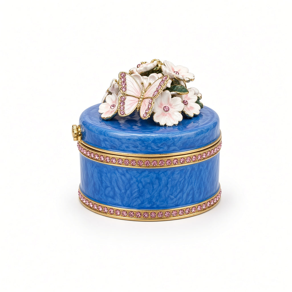 Cutie Bijuterii Albastră 5x5 cm cu Flori, Fluture și Cristale Roz