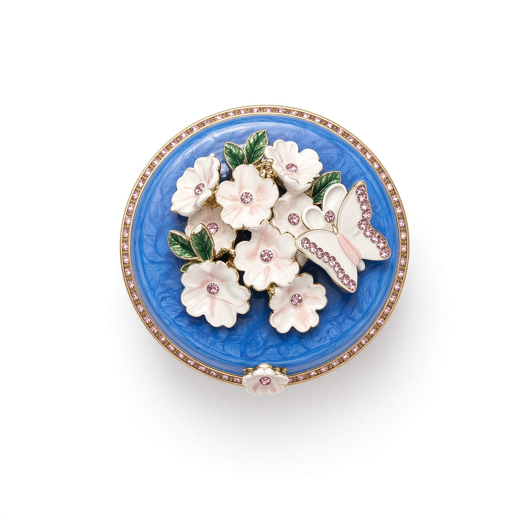 Cutie Bijuterii Albastră 5x5 cm cu Flori, Fluture și Cristale Roz