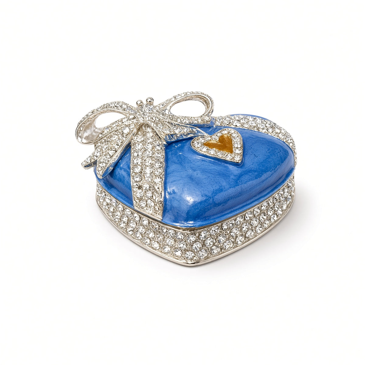 Cutie Bijuterii Inimă Albastră 4x7 cm cu Fundă Cristale și Interior Alb