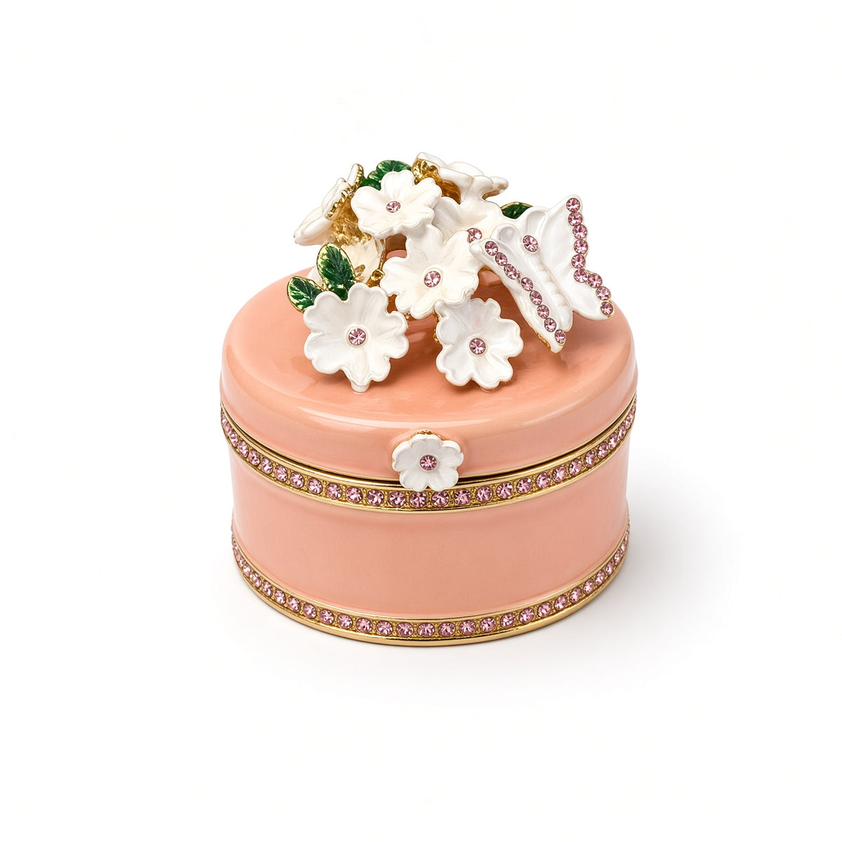 Cutie Bijuterii Piersică 5x5 cm cu Flori, Fluture și Cristale Roz