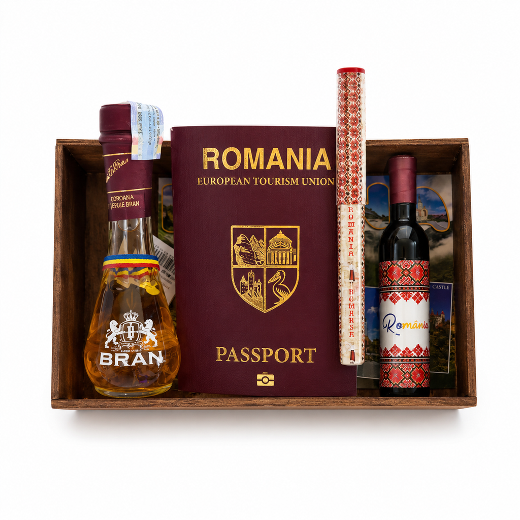 Set Cadou România Premium – Pașaport Turistic, Palincă Bran, Desfacator Vin Suvenir, Carte Poștală și Cutie Decorativă cu Obiective Turistice