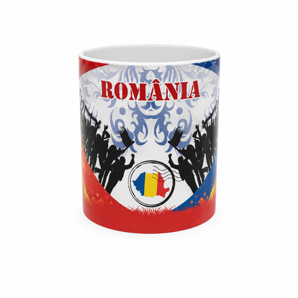Cană România cu Minge de Fotbal pe Toartă în Cutie Cadou – Cană Ceramică Originală pentru Suporteri, 330 ml