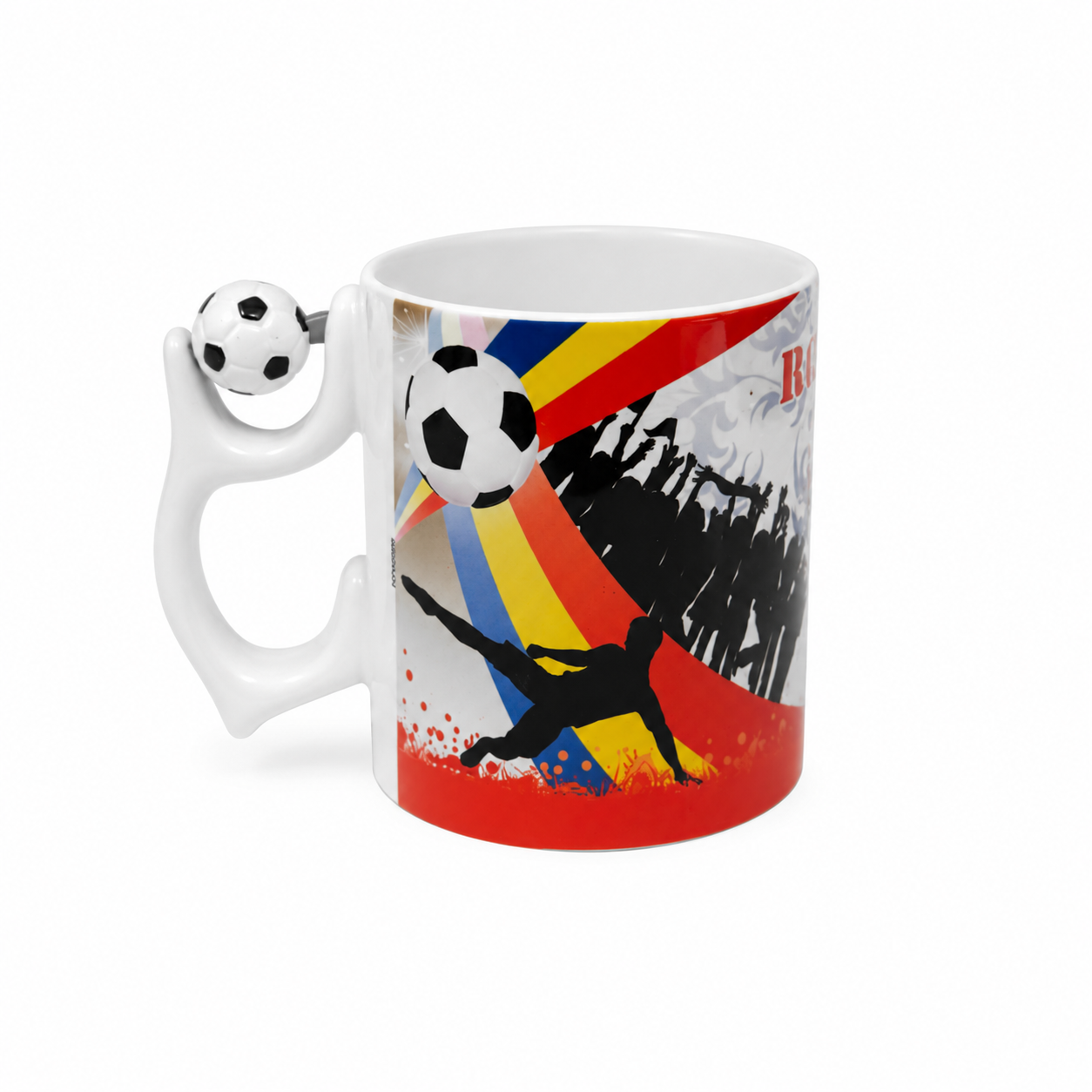 Cană România cu Minge de Fotbal pe Toartă în Cutie Cadou – Cană Ceramică Originală pentru Suporteri, 330 ml