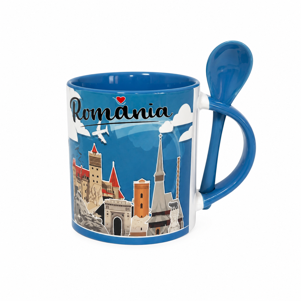 Cană România cu Linguriță Albastră Inclusă – Cană Ceramică Suvenir România 330 ml în Cutie Cadou