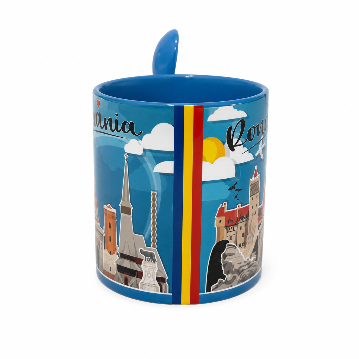 Cană România cu Linguriță Albastră Inclusă – Cană Ceramică Suvenir România 330 ml în Cutie Cadou