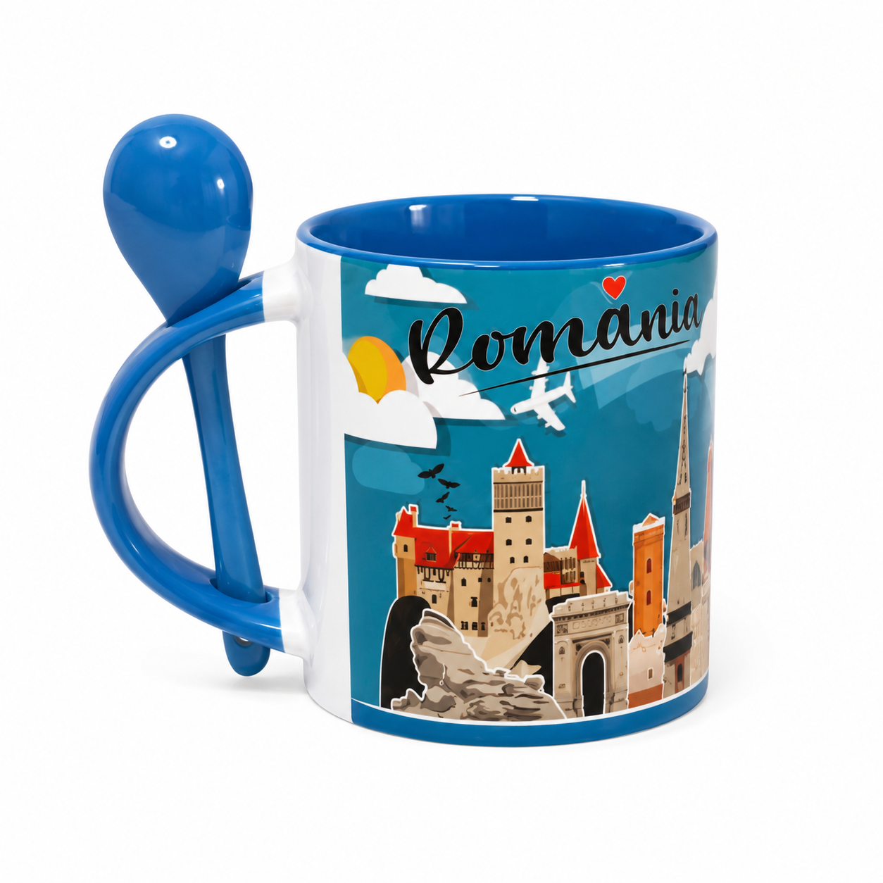 Cană România cu Linguriță Albastră Inclusă – Cană Ceramică Suvenir România 330 ml în Cutie Cadou