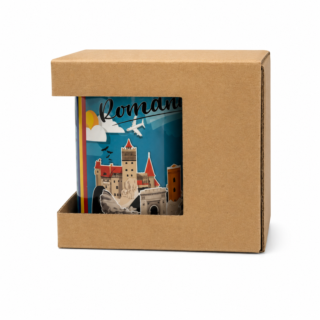 Cană România cu Linguriță Albastră Inclusă – Cană Ceramică Suvenir România 330 ml în Cutie Cadou