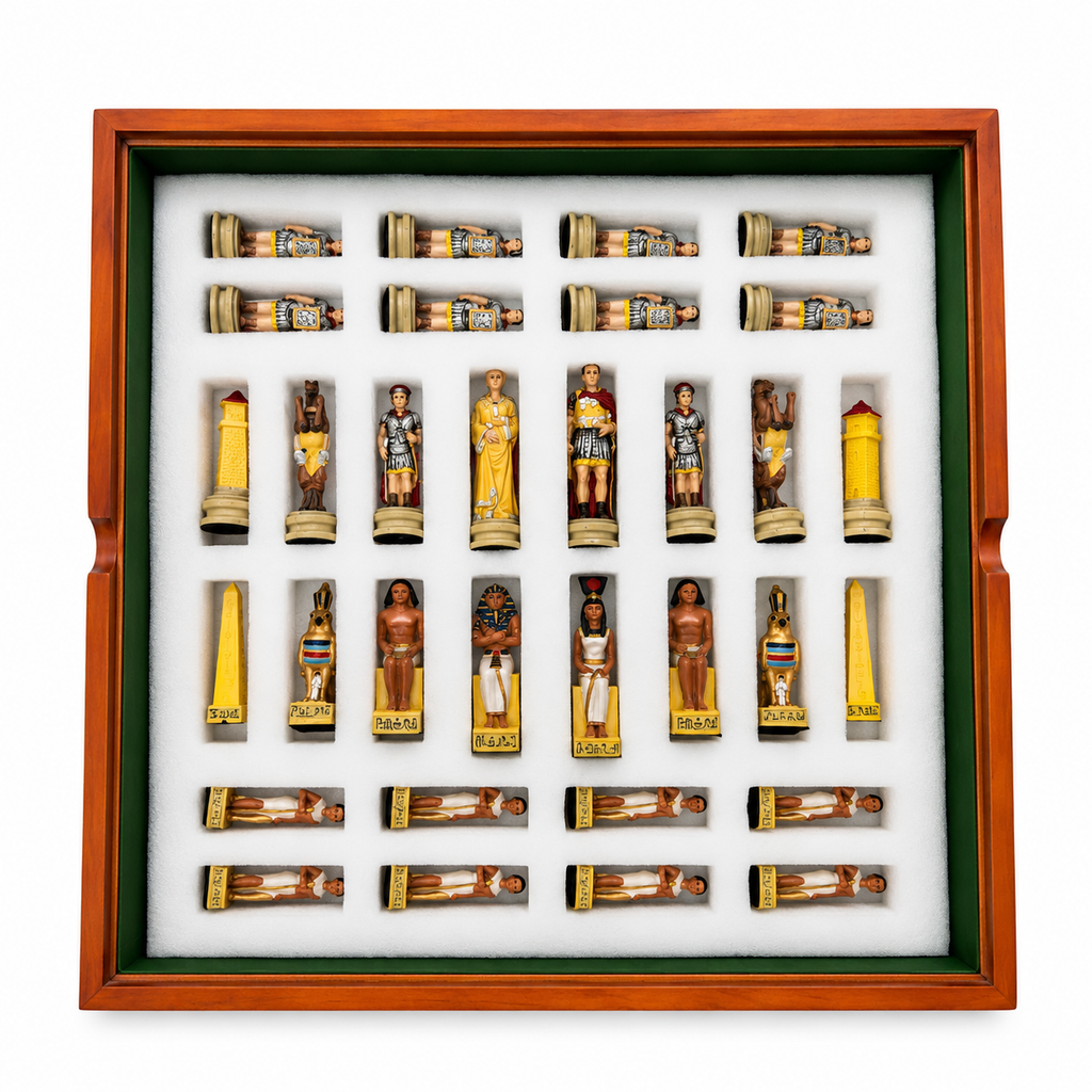 Set Șah Egiptean Premium din Lemn – Tablă Pliabilă cu Piese Tematice Egipt Antic, Joc de Strategie și Decor