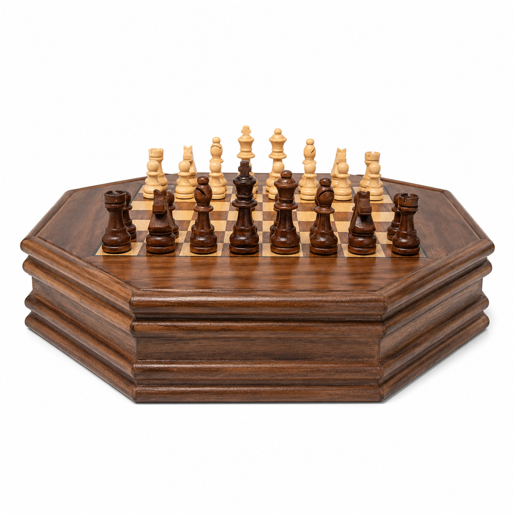 Set Șah din Lemn Premium cu Sertare Laterale pentru Piese – Tablă Octogonală, Piese din Lemn, Joc Clasic Elegant