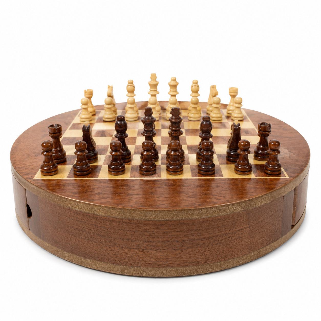 Set Șah din Lemn Rotund cu Compartimente pentru Piese – Tablă de Șah 30 cm – Joc Clasic Premium – Cadou Elegant pentru Adulți și Copii