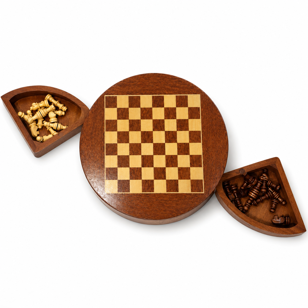 Set Șah din Lemn Rotund cu Compartimente pentru Piese – Tablă de Șah 30 cm – Joc Clasic Premium – Cadou Elegant pentru Adulți și Copii
