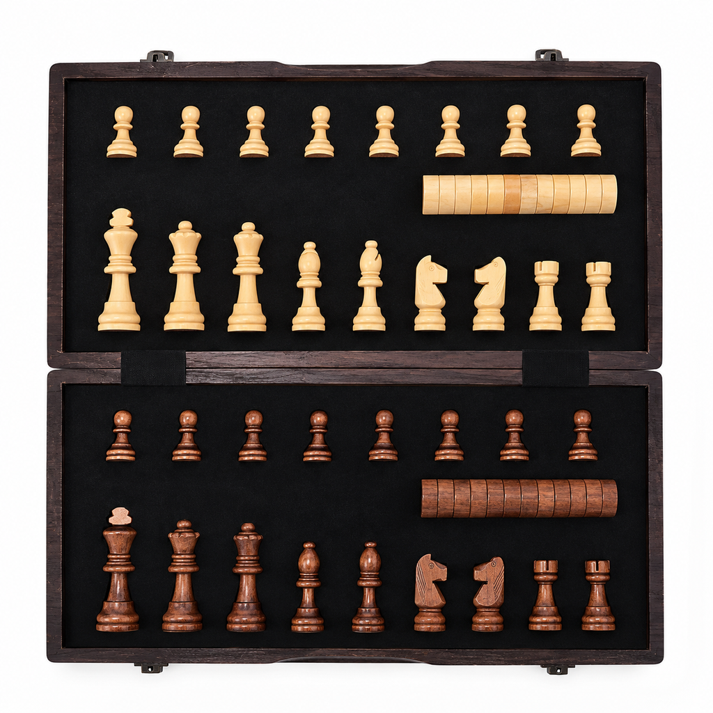 Set Șah din Lemn Premium Pliabil 39 x 39 cm cu Piese Staunton și Spațiu de Depozitare – Tablă de Șah Elegantă pentru Adulți și Copii