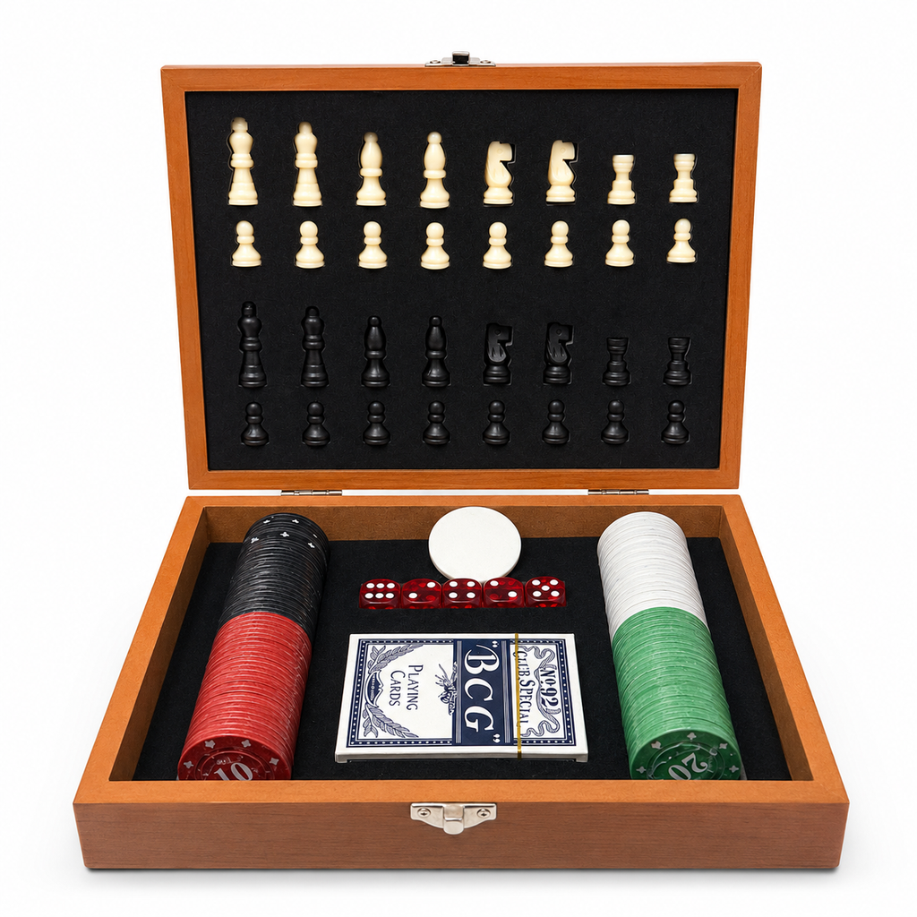 Set Jocuri de Societate 2 în 1 – Șah și Poker, Cutie din Lemn cu Tablă de Joc, Piese, Jetoane, Cărți și Zaruri