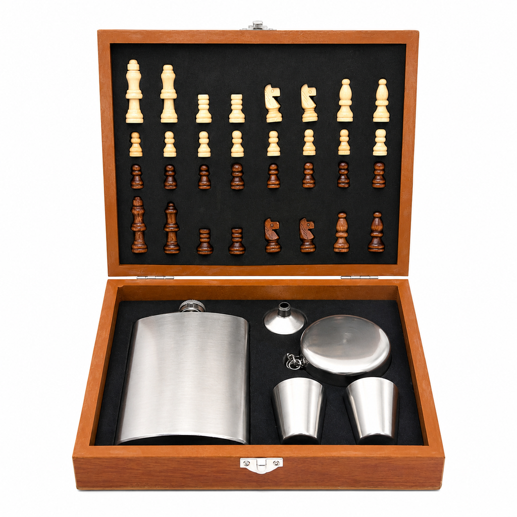 Set Cadou Șah din Lemn cu Ploscă din Inox, 2 Pahare, Pâlnie și Pahar Telescopic, Cutie Premium