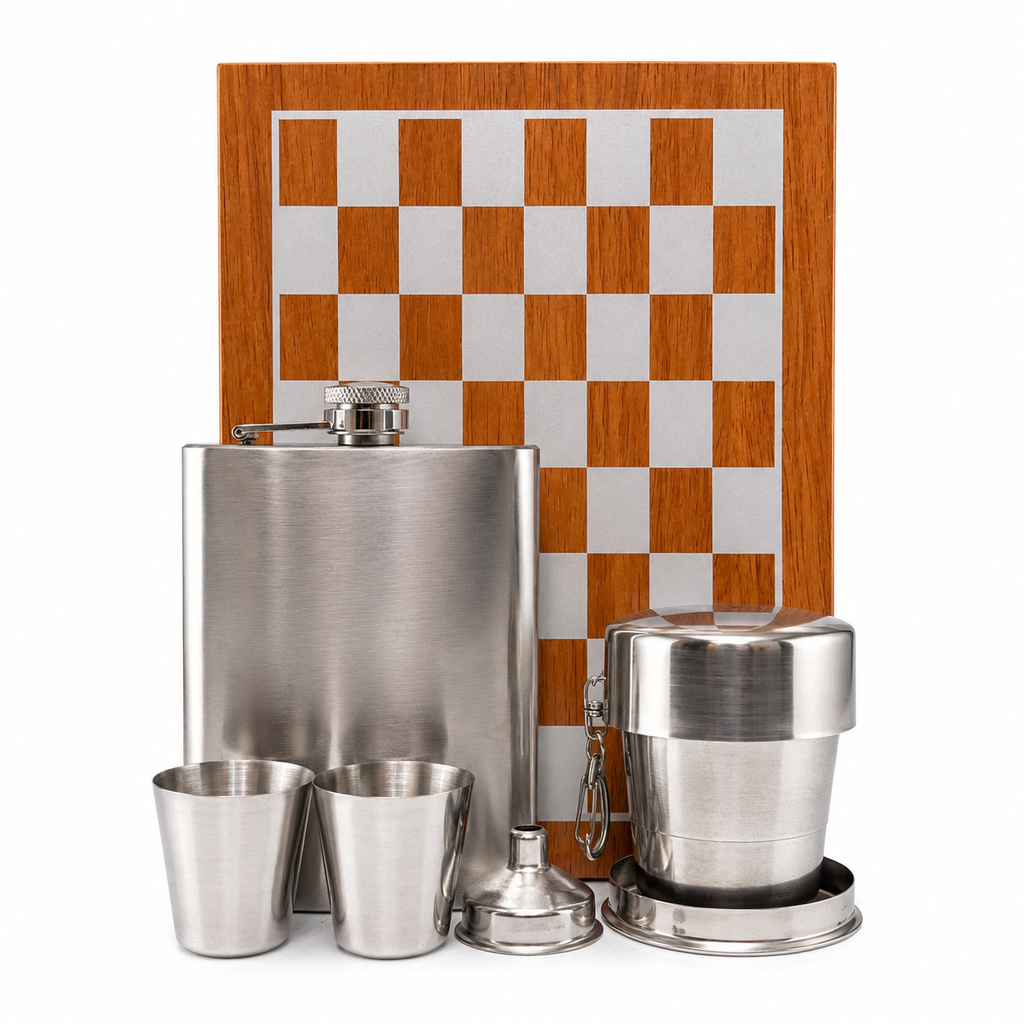 Set Cadou Șah din Lemn cu Ploscă din Inox, 2 Pahare, Pâlnie și Pahar Telescopic, Cutie Premium