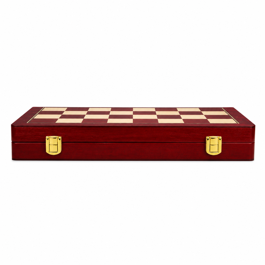 Set Șah Premium din Lemn Pliabil, Piese Metalice Aurii și Bronz, Cutie de Depozitare cu 2 Încuietori
