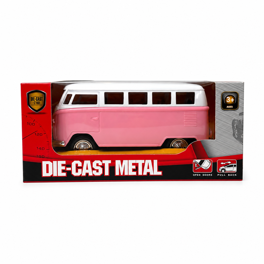 Machetă Auto Microbuz Retro Die-Cast, Scara 1:32, Metal, Uși Mobile și Funcție Pull-Back, 3+ Ani  Descriere produs