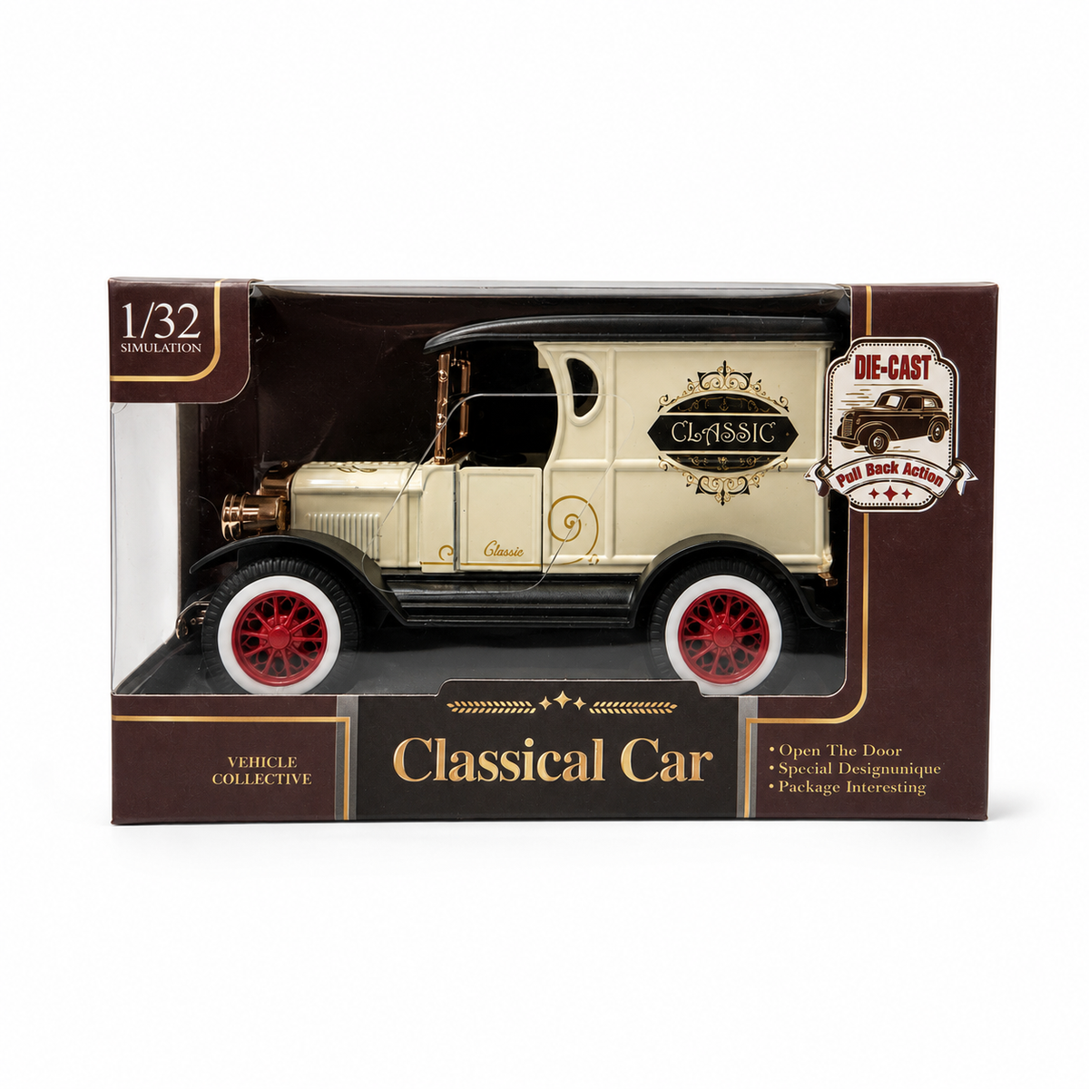 Mașină de Colecție Vintage 1:32, Model Die-Cast cu Mecanism Pull-Back și Ușă Mobilă, Automobil Decorativ Clasic