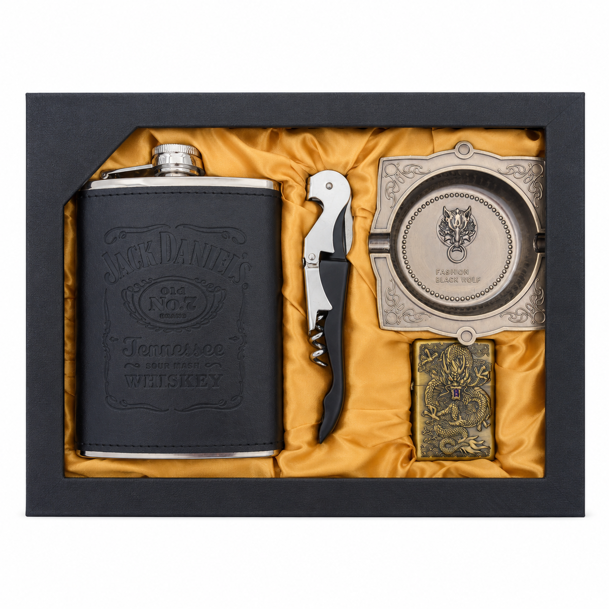 Set Cadou Premium cu Ploscă Inox 240 ml, Brichetă Metalică Reîncărcabilă, Scrumieră Vintage și Tirbușon – Cadou Elegant pentru Bărbați