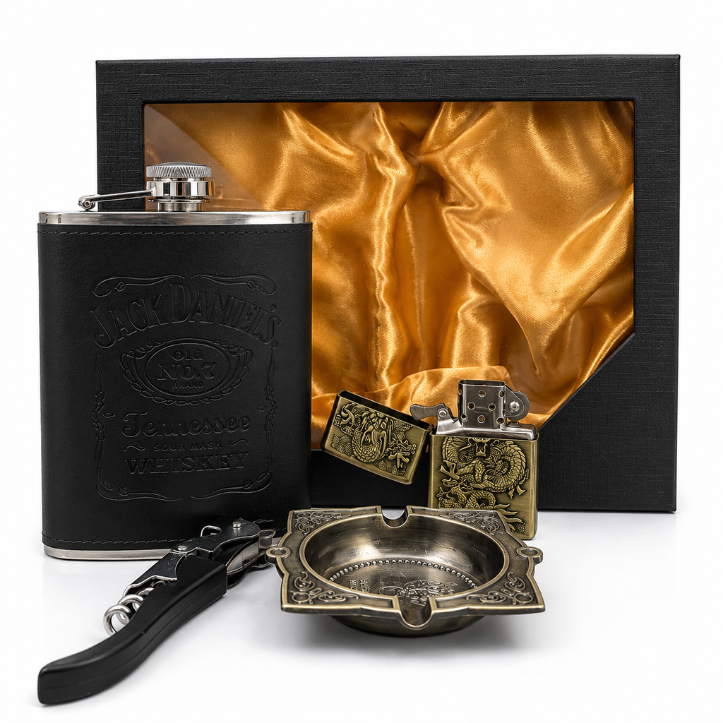 Set Cadou Premium cu Ploscă Inox 240 ml, Brichetă Metalică Reîncărcabilă, Scrumieră Vintage și Tirbușon – Cadou Elegant pentru Bărbați