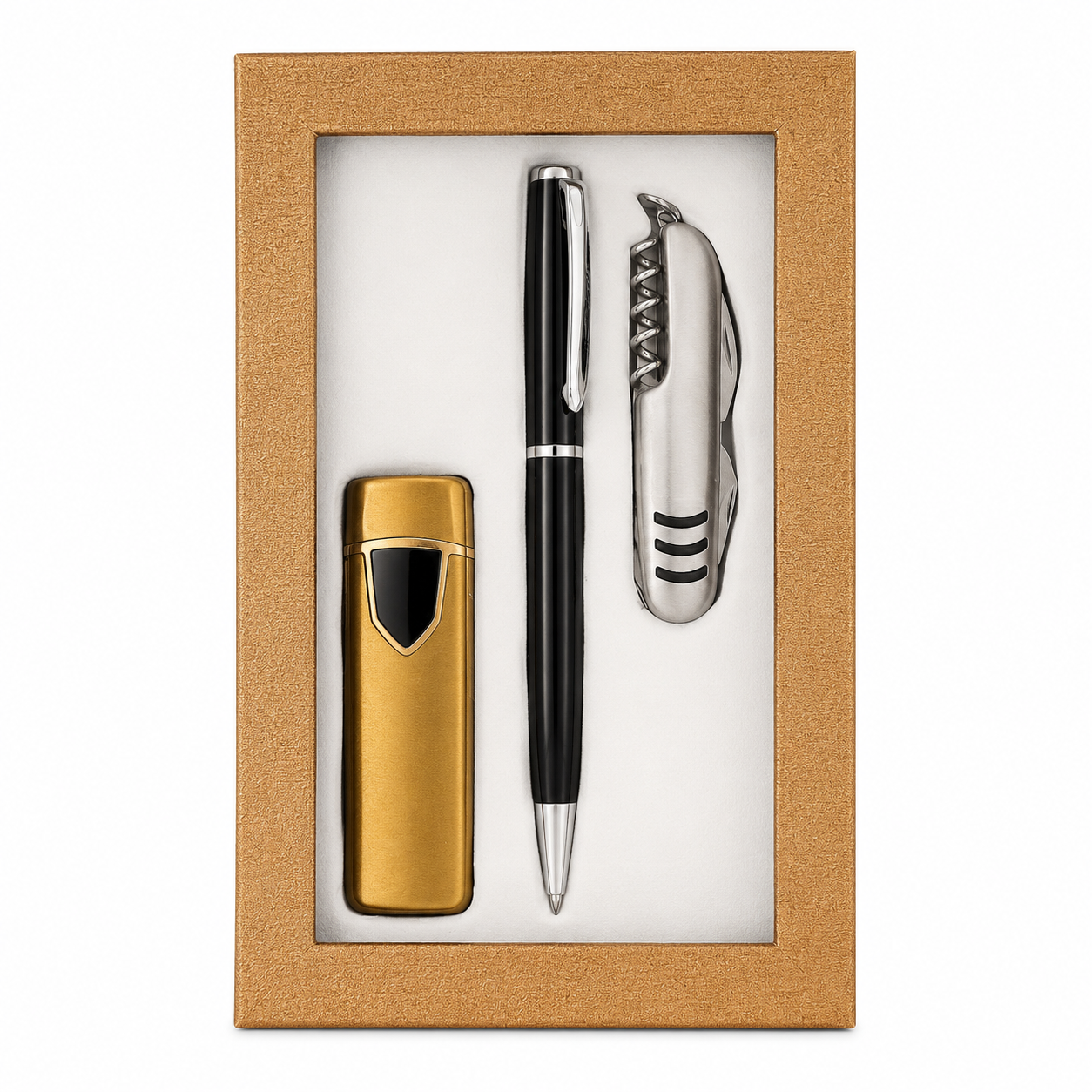 Set Cadou Premium cu Brichetă Electrică USB, Pix Elegant și Briceag Multifuncțional – Cadou pentru Bărbați în Cutie de Prezentare