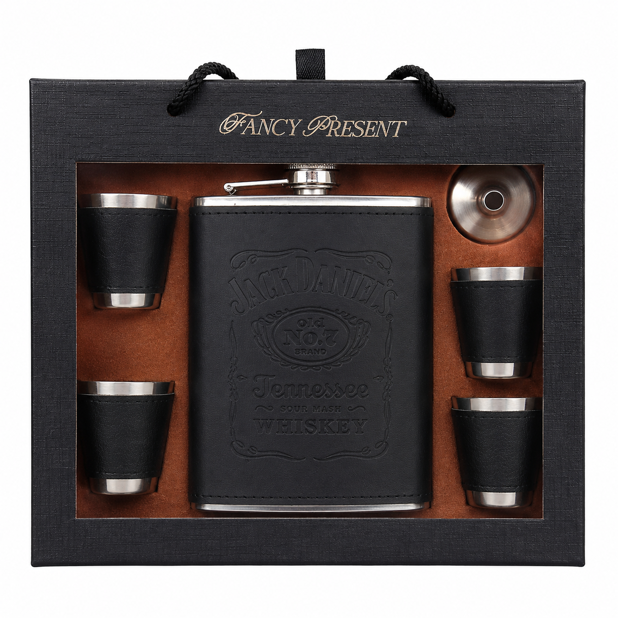 Set Cadou Premium cu Ploscă Inox 240 ml, 4 Pahare Shot și Pâlnie – Cadou Elegant pentru Bărbați în Cutie de Prezentare