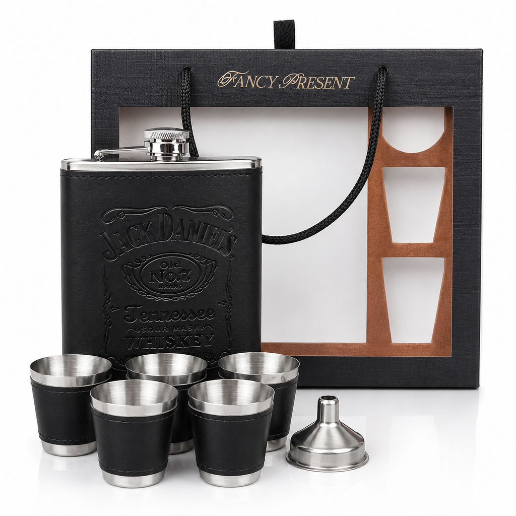 Set Cadou Premium cu Ploscă Inox 240 ml, 4 Pahare Shot și Pâlnie – Cadou Elegant pentru Bărbați în Cutie de Prezentare