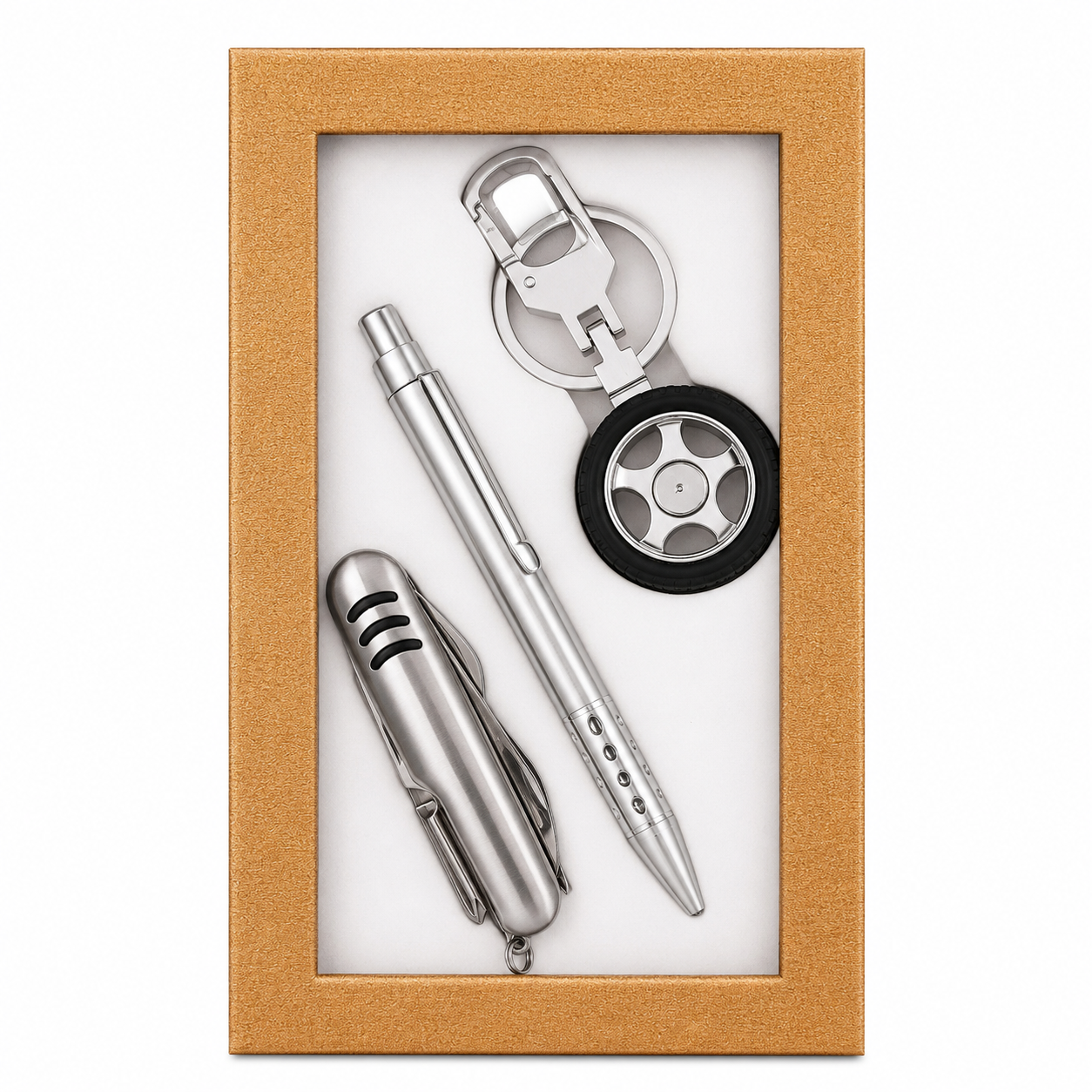 Set Cadou Premium cu Briceag Multifuncțional, Pix Metalic și Breloc Auto – Cadou Elegant pentru Bărbați în Cutie de Prezentare