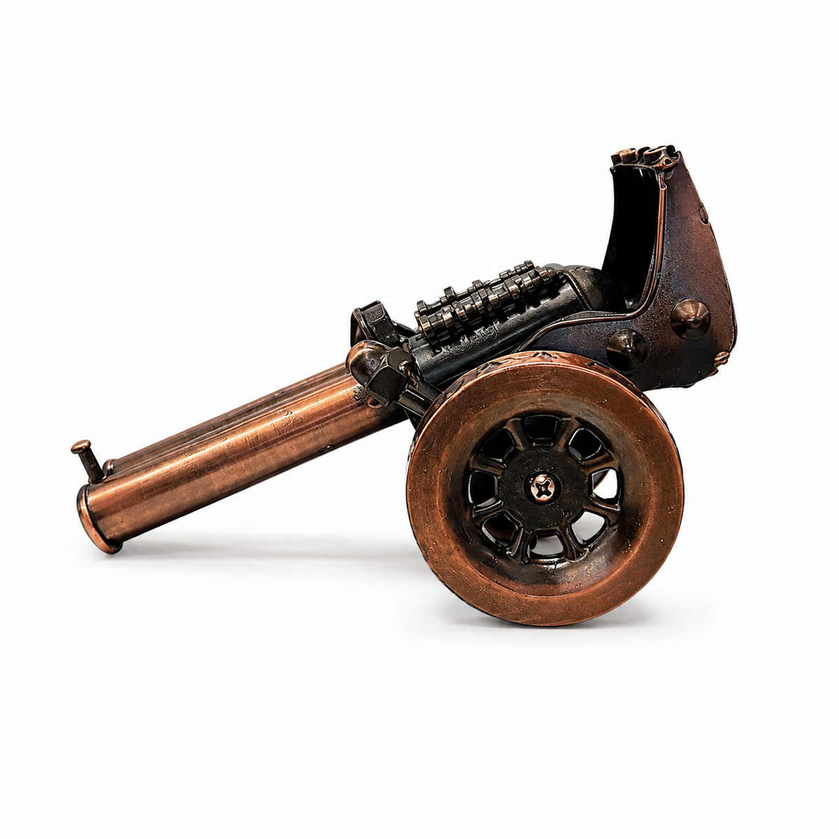 Tun Decorativ Vintage din Metal, Model Miniatural cu Roți, Stil Steampunk, Ornament pentru Birou și Colecție