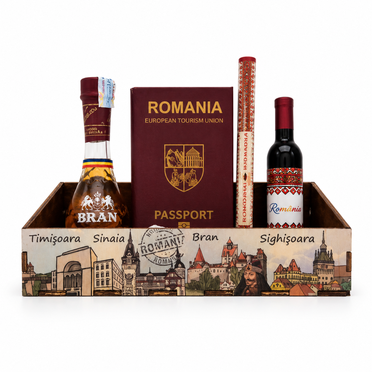 Set Cadou România Premium – Pașaport Turistic, Palincă Bran, Desfacator Vin Suvenir, Carte Poștală și Cutie Decorativă cu Obiective Turistice