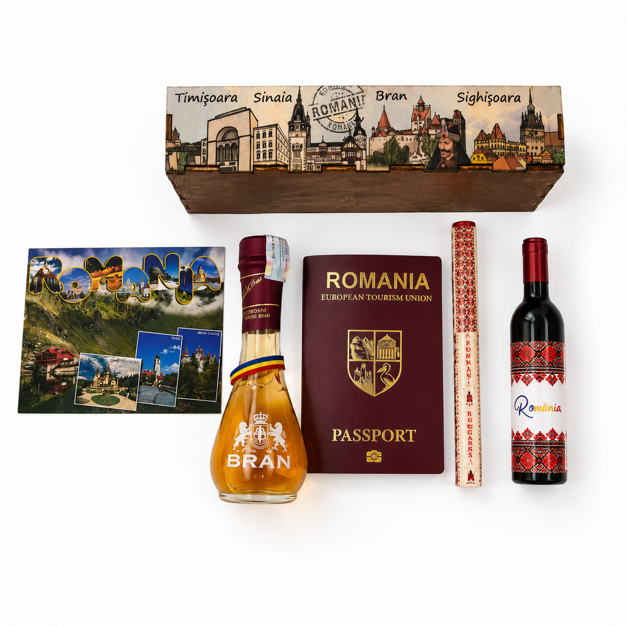 Set Cadou România Premium – Pașaport Turistic, Palincă Bran, Desfacator Vin Suvenir, Carte Poștală și Cutie Decorativă cu Obiective Turistice