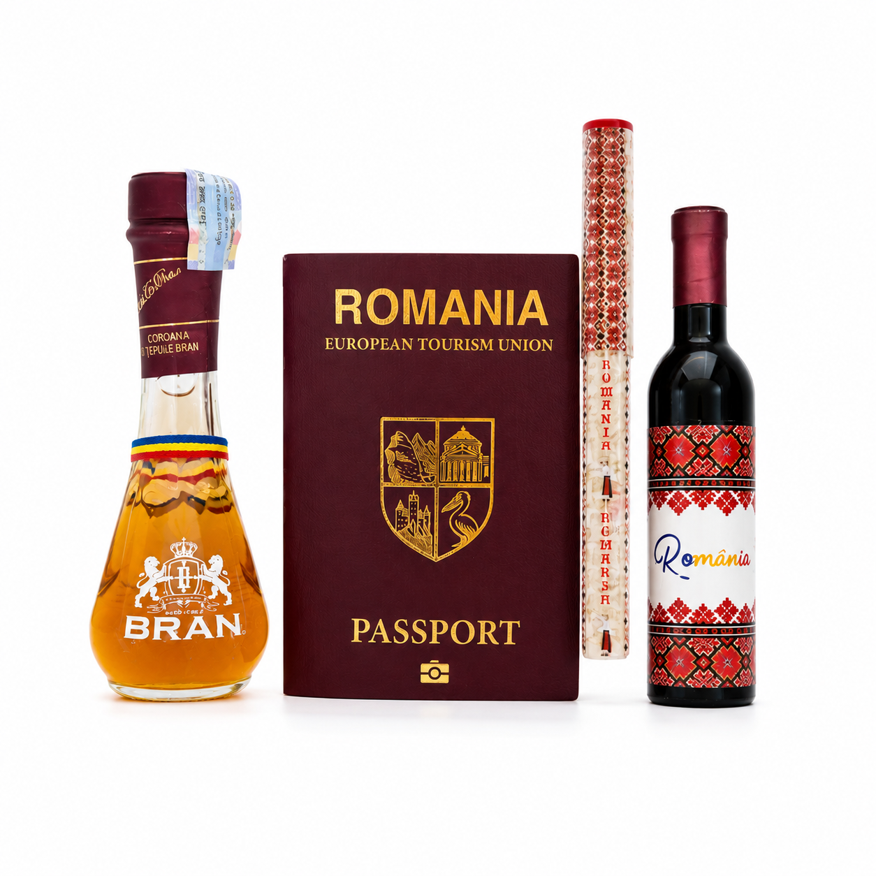Set Cadou România Premium – Pașaport Turistic, Palincă Bran, Desfacator Vin Suvenir, Carte Poștală și Cutie Decorativă cu Obiective Turistice