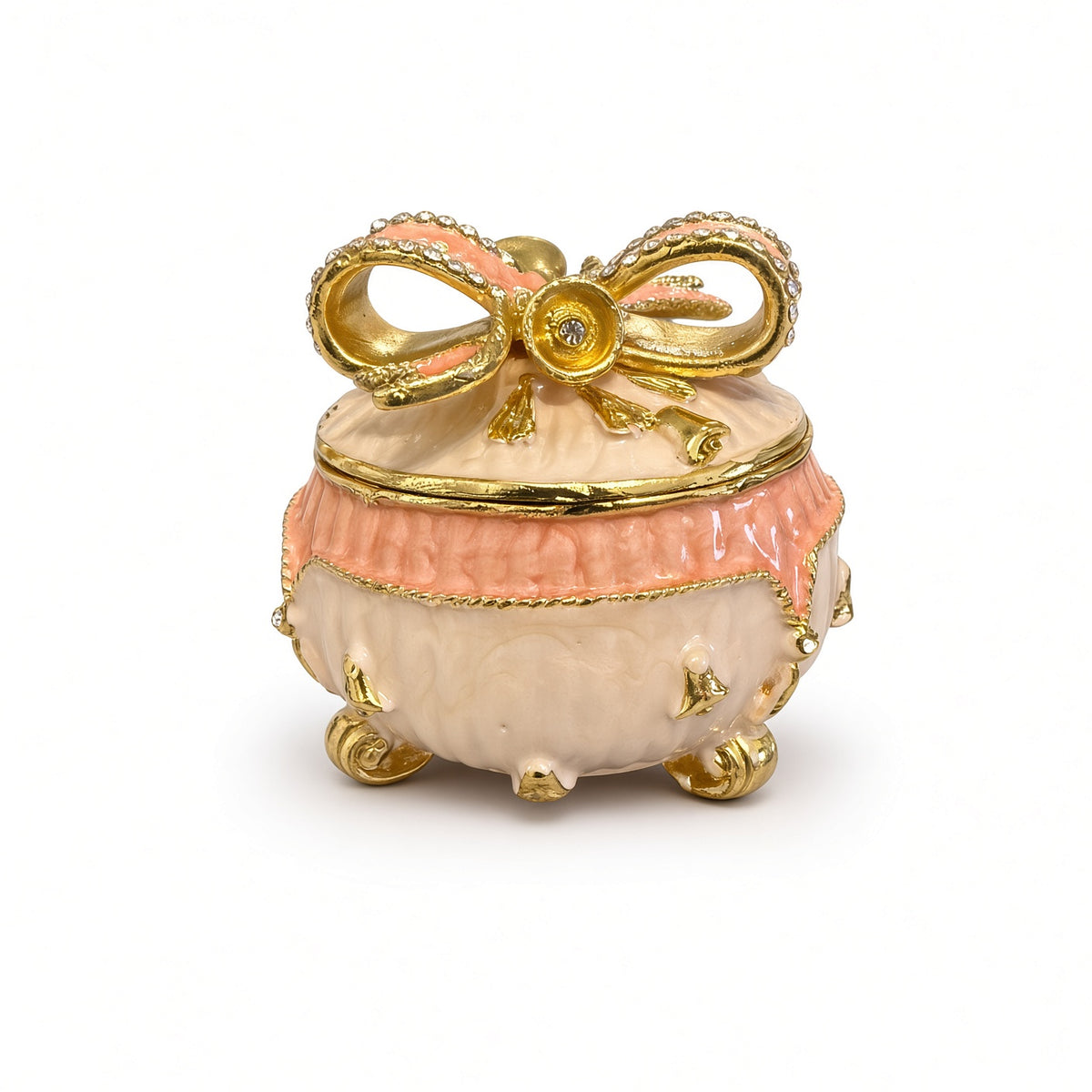 Cutie Bijuterii Rotundă 5x5 cm Crem-Piersică cu Fundă Aurie și Piciorușe