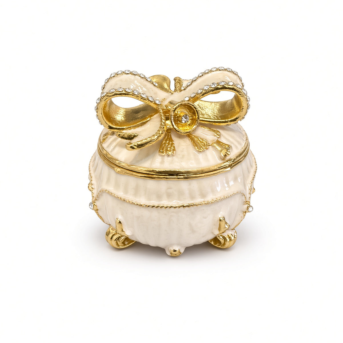 Cutie Bijuterii Rotundă Alb-Crem 5x5 cm cu Fundă Aurie și Piciorușe