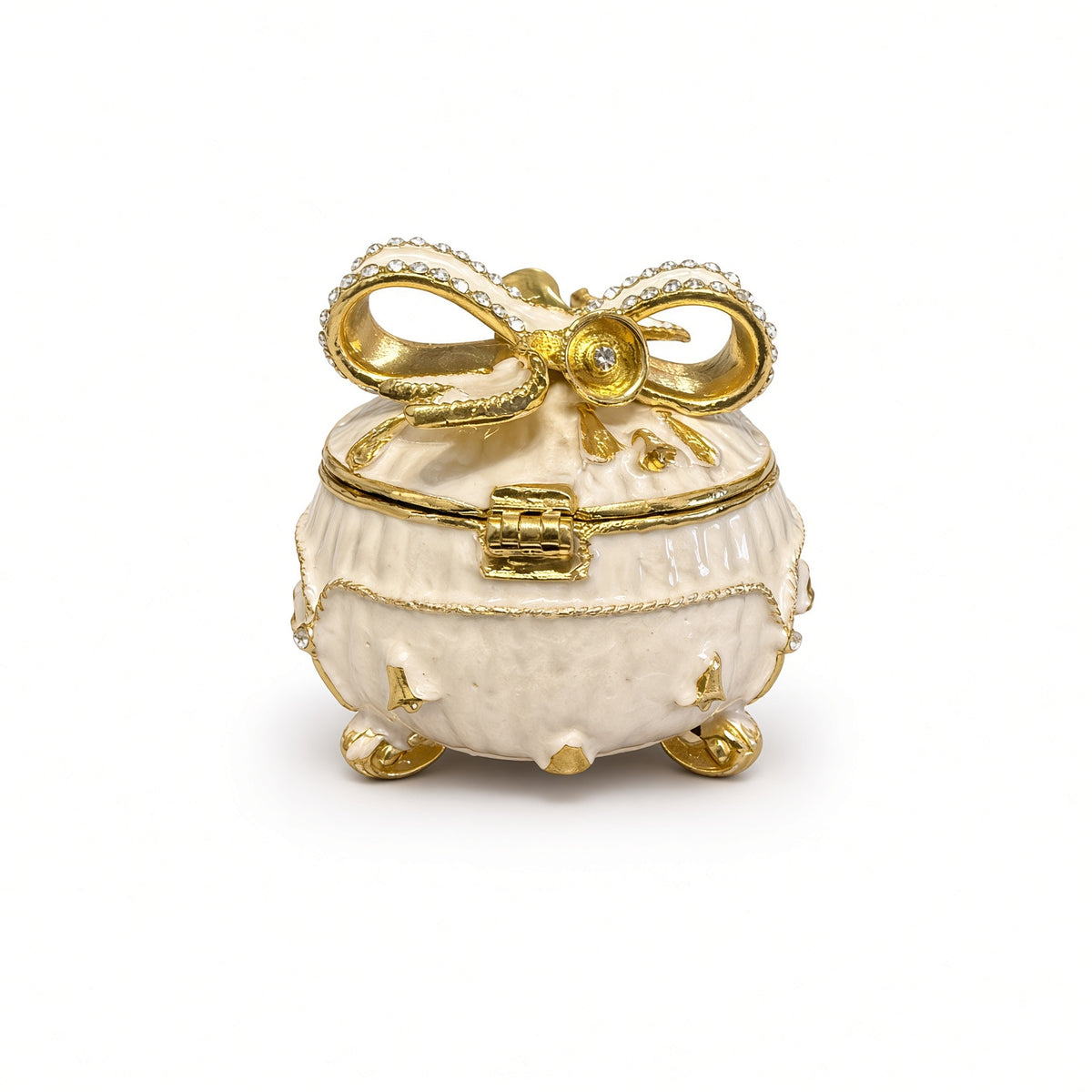 Cutie Bijuterii Rotundă Alb-Crem 5x5 cm cu Fundă Aurie și Piciorușe