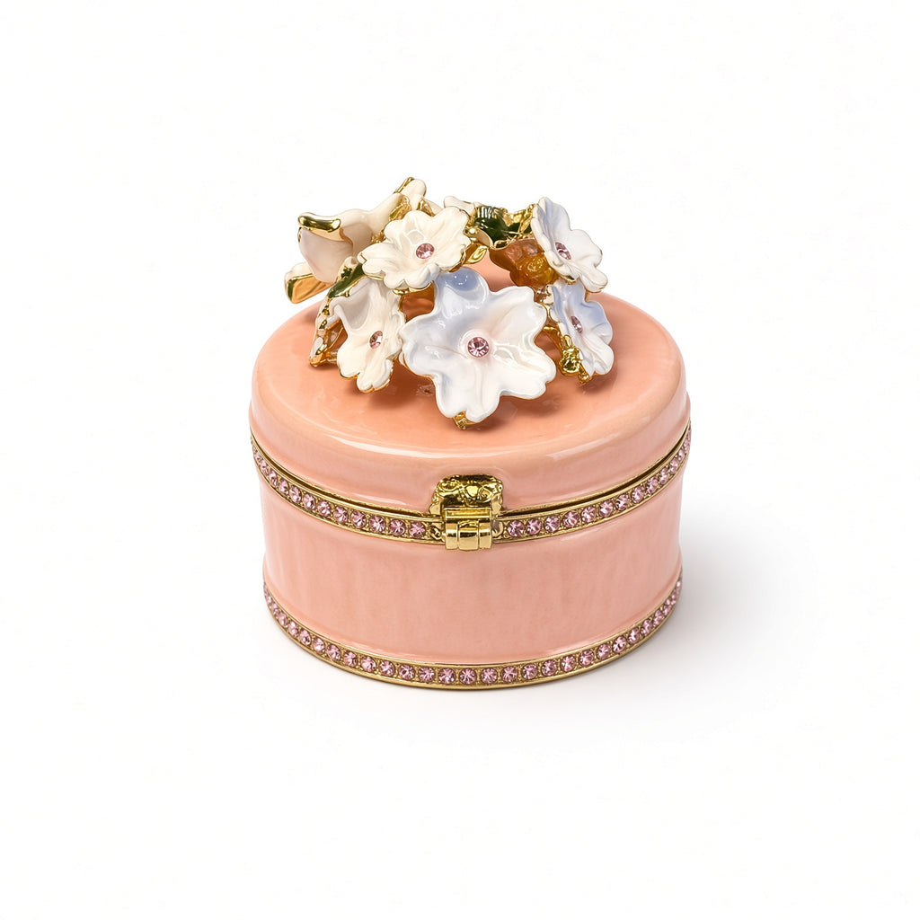Cutie Bijuterii Piersică 5x5 cm cu Flori, Fluture și Cristale Roz