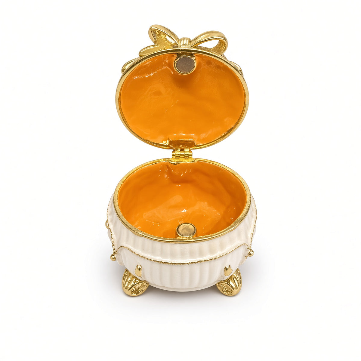 Cutie Bijuterii Rotundă Alb-Crem 5x5 cm cu Fundă Aurie și Piciorușe