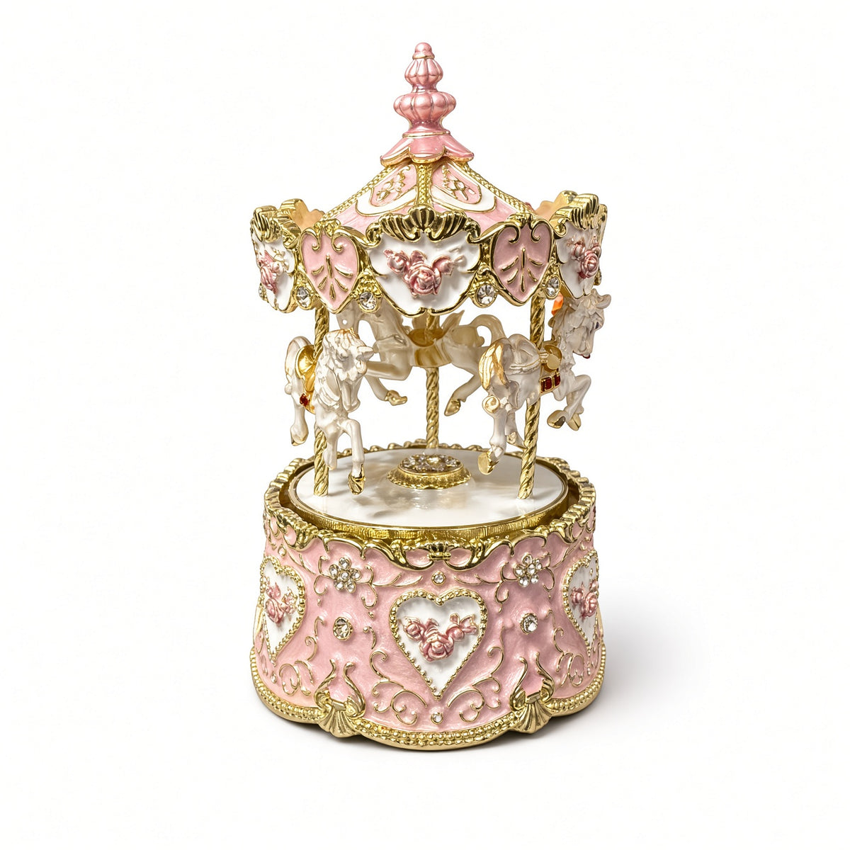 Cutie Muzicală Carusel Roz 11x7 cm cu Cai Albi și Auriu