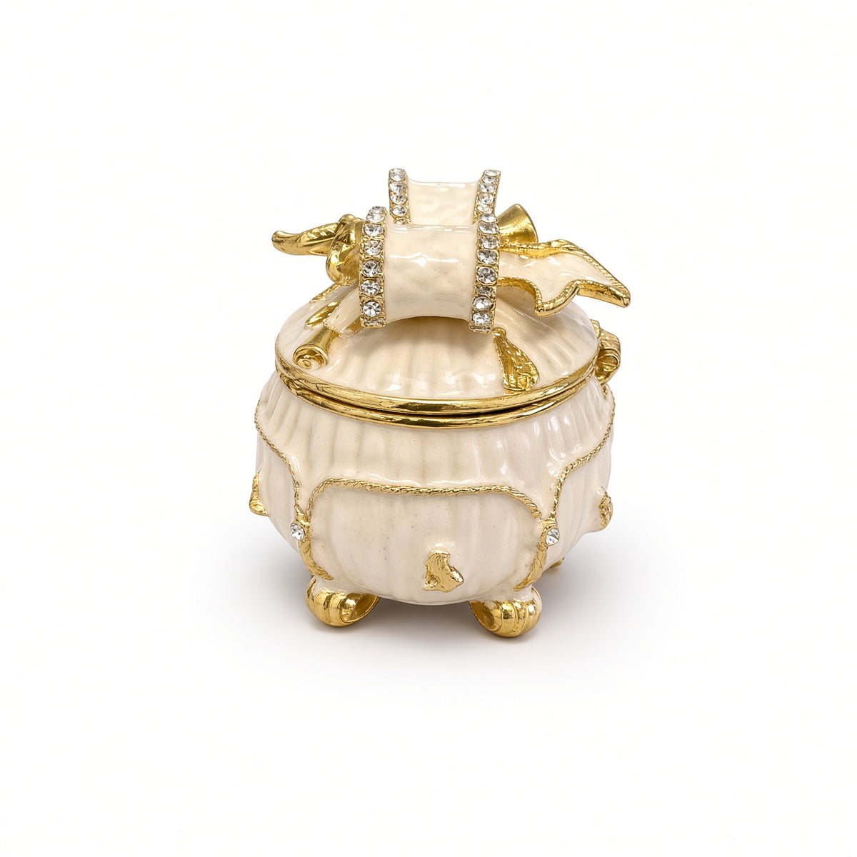 Cutie Bijuterii Rotundă Alb-Crem 5x5 cm cu Fundă Aurie și Piciorușe