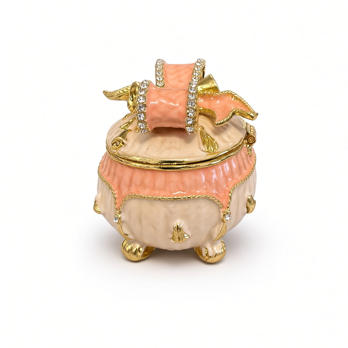 Cutie Bijuterii Rotundă 5x5 cm Crem-Piersică cu Fundă Aurie și Piciorușe