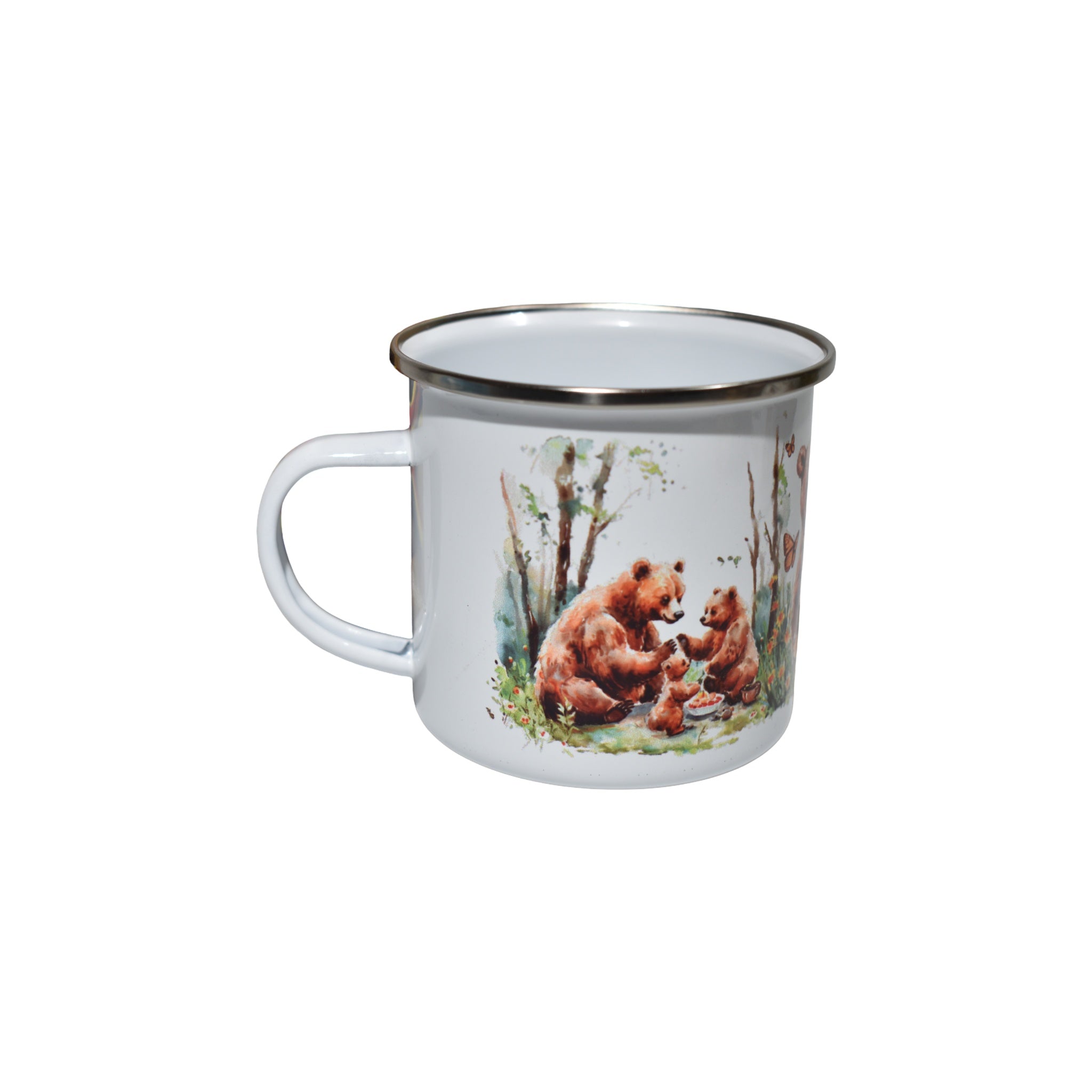 Cană emailată cu urși, design natură și familie de urși, stil camping, 350 ml, cadou iubitori de animale