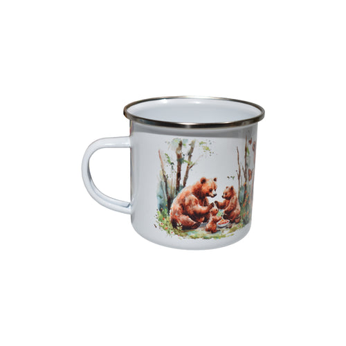 Cană emailată cu urși, design natură și familie de urși, stil camping, 350 ml, cadou iubitori de animale