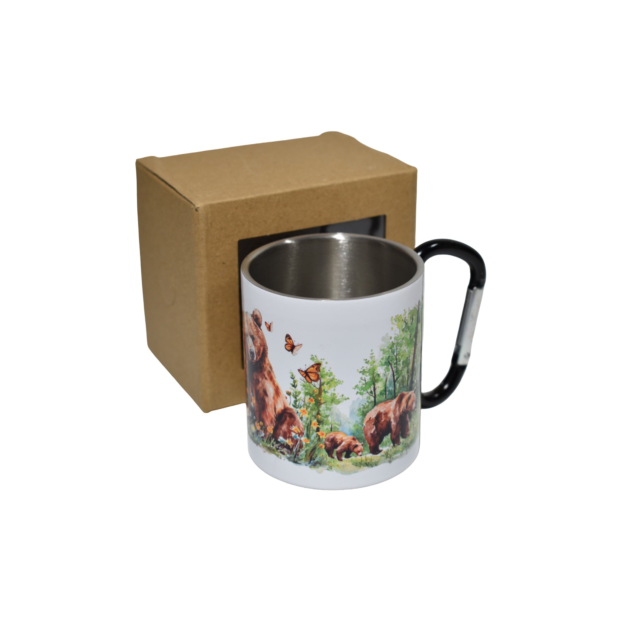 Cană metalică cu carabină – familie de urși în natură, design artistic, 300 ml, ideală pentru camping