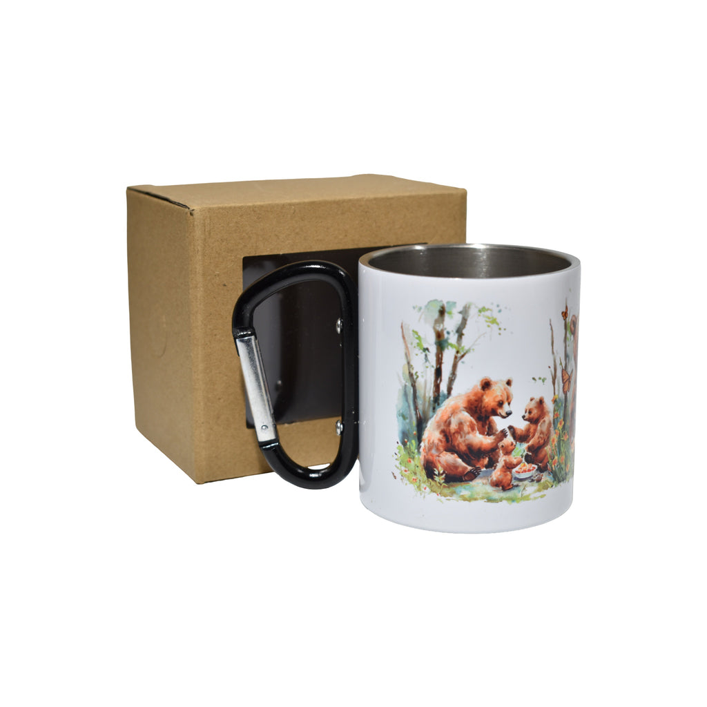 Cană metalică cu carabină – familie de urși în natură, design artistic, 300 ml, ideală pentru camping