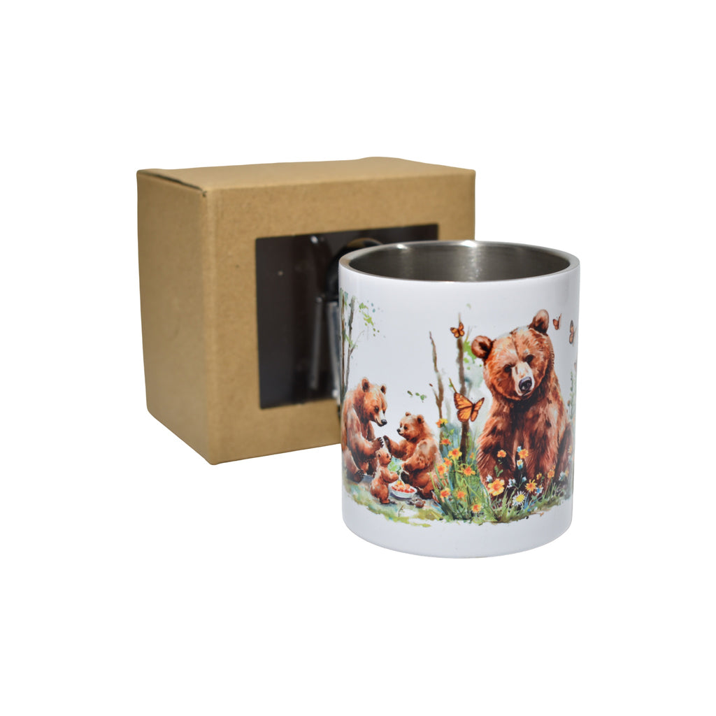 Cană metalică cu carabină – familie de urși în natură, design artistic, 300 ml, ideală pentru camping