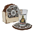 Suport lemn pentru pahare cu 6 suporturi tip coaster, model tradițional românesc, set decorativ, finisaj natur