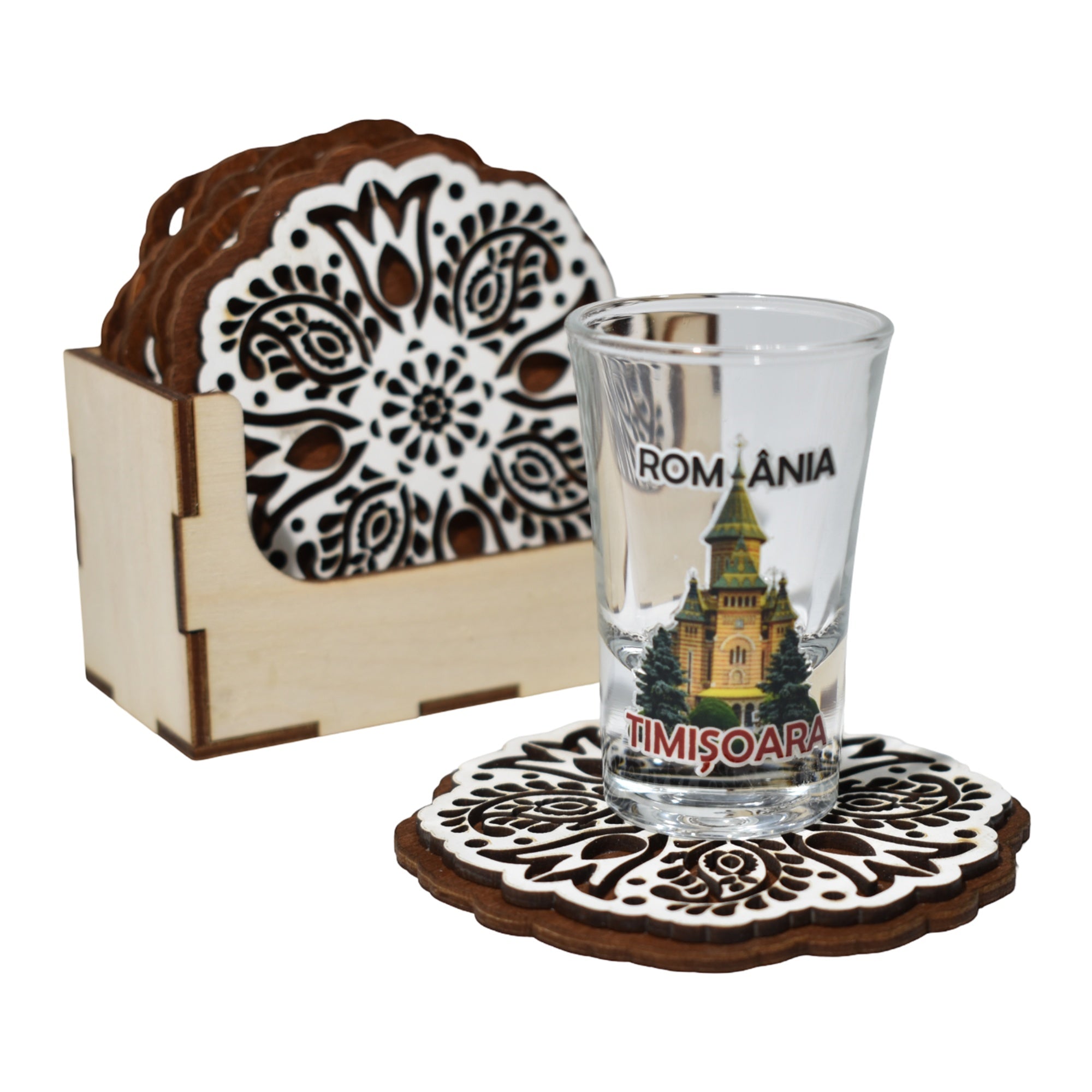 Suport lemn pentru pahare cu 6 suporturi tip coaster, model tradițional românesc, set decorativ, finisaj natur